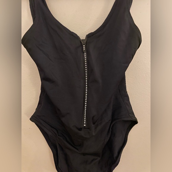 Anne Klein For Sirena Back Rhinestone Zip Front Low Back One Piece Swimsuit - Picture 4 of 5